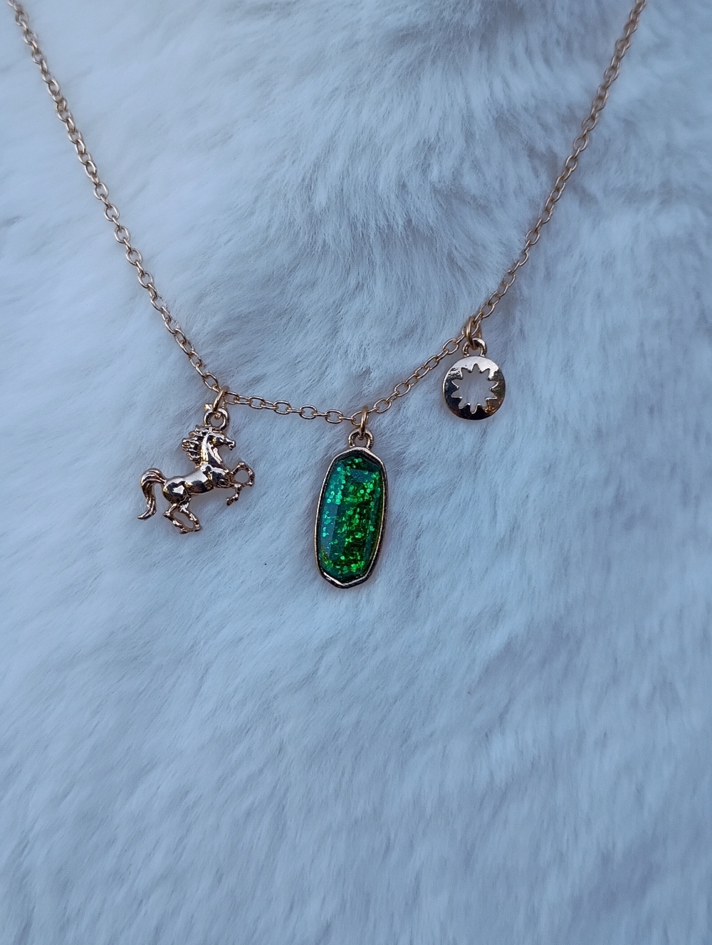 2/$10 August Girl Gold Necklace with Peridot Green Iridescent Stone and Charms